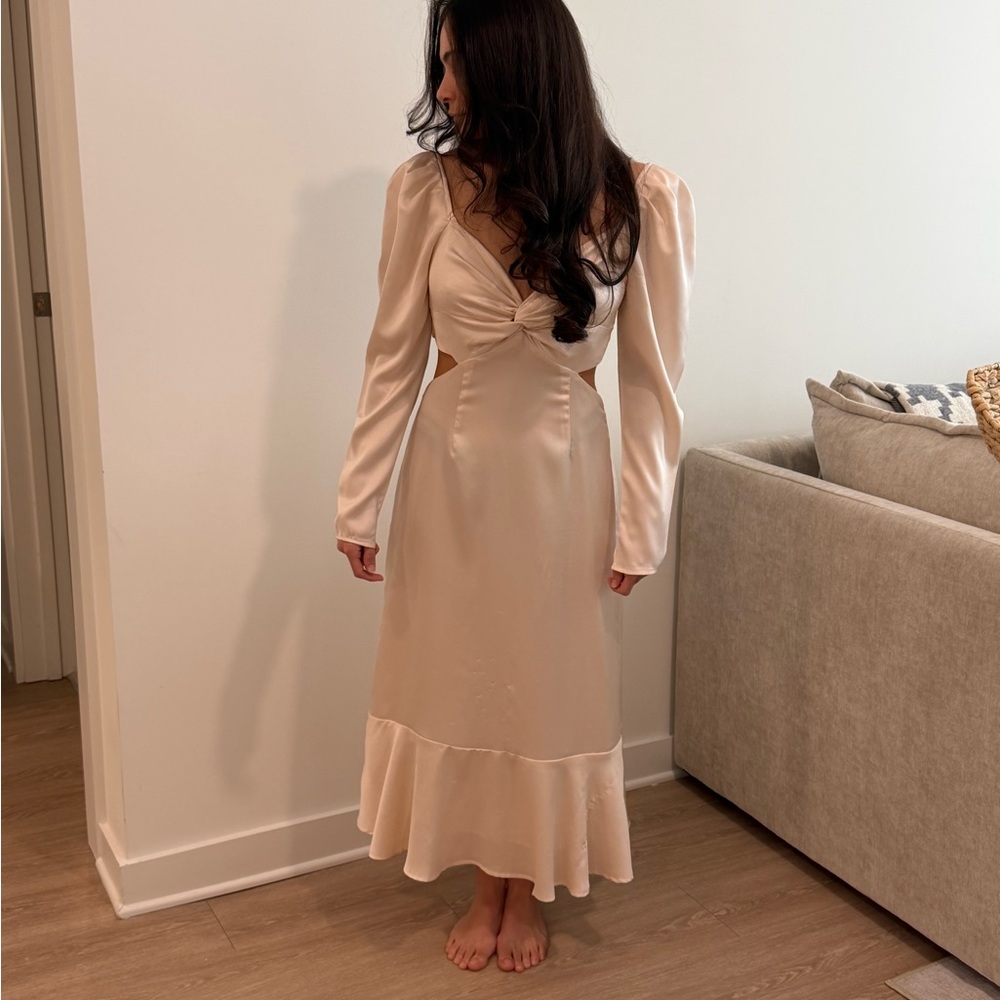 Astr Cream Long Sleeve Dress with Knot Detail